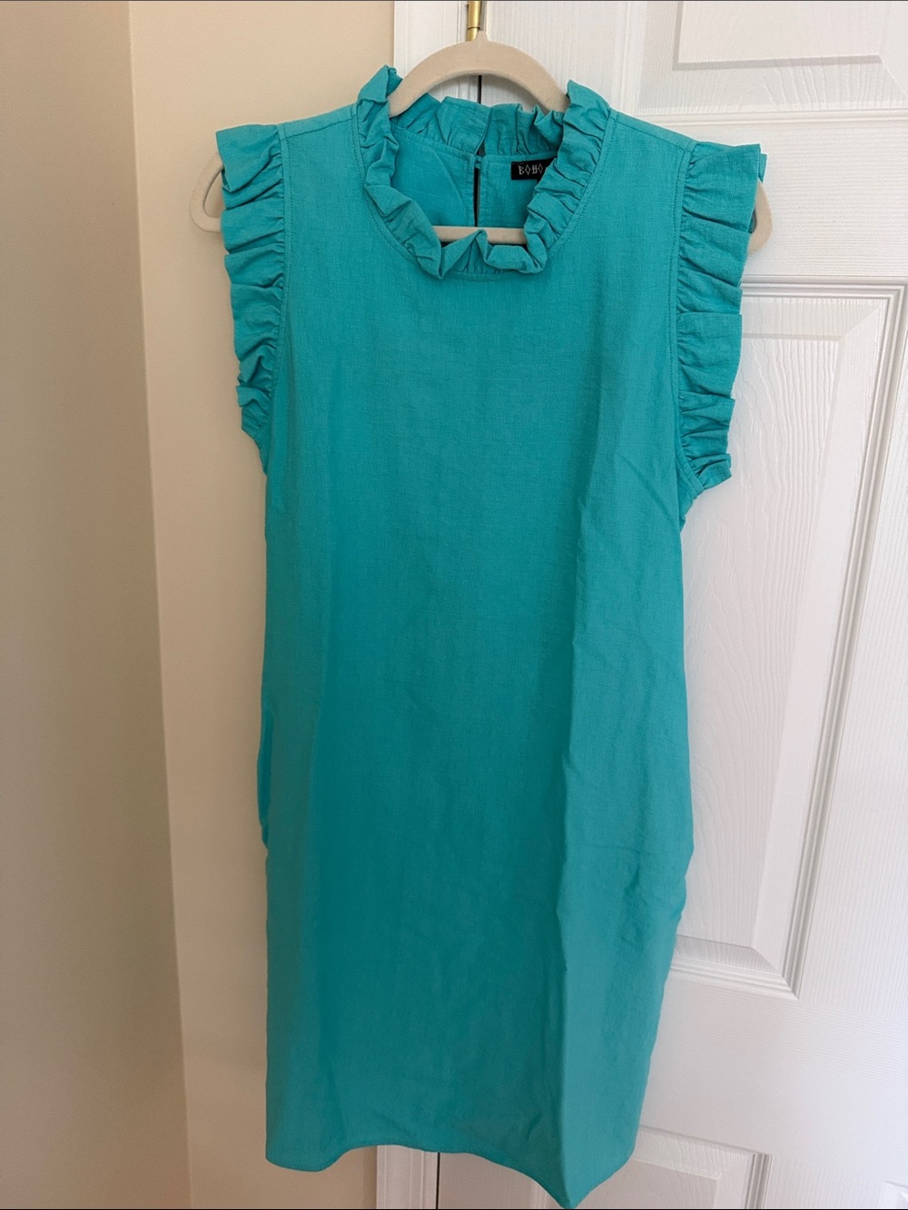 🌸NWOT BOHO CHIC Teal Ruffle Neck Linen Dress
